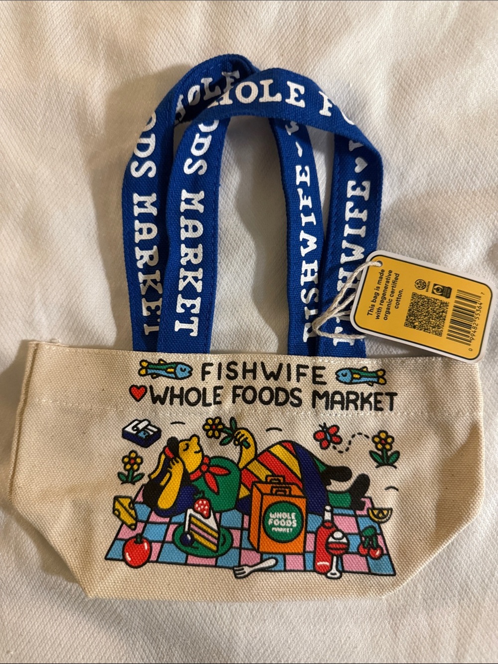 Fishwife x Whole Foods Market micro Canvas Tote — Multicolor with Blue Straps